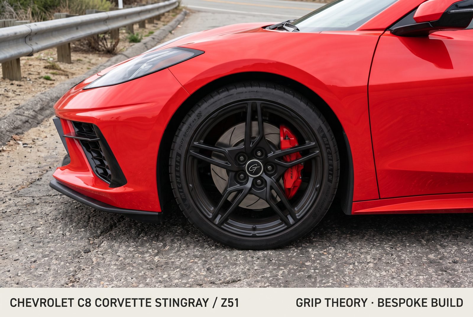 Red Chevrolet C8 Corvette Stingray on black Grip Theory forged wheels
